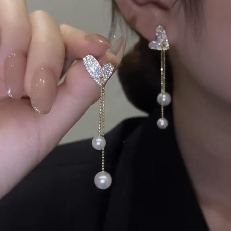 

Dangle & Chandelier Long Tassel Pearl Earrings Gold Heart-shaped Rhinestones 2022 Fashion Pendant Trend Girls Daily Gift JewelryDangle