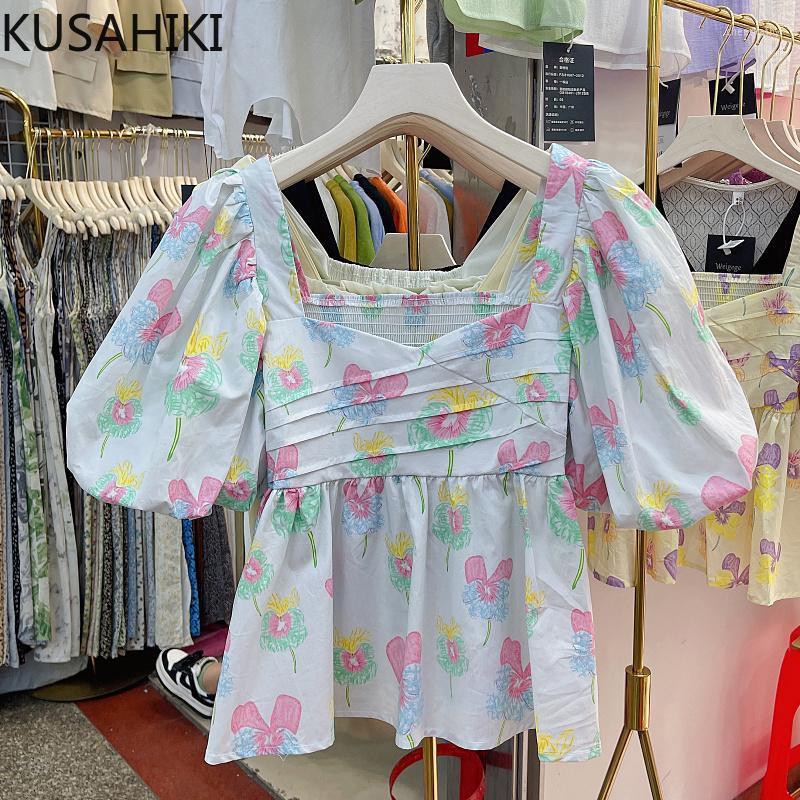 

Women's Blouses & Shirts 2022 Summer Floral Woman Fashion Square Collar Puff Sleeve Blouse Tops Causal Sweet Korean Blusas De MujerWomen's C, Yellow