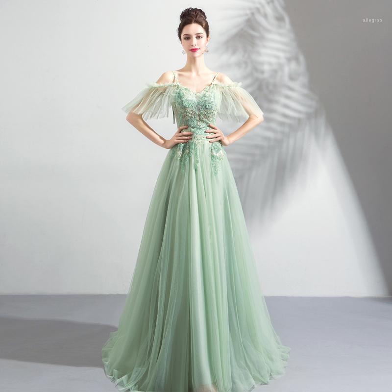 Robes de soirée Fée Bal Filles Col En V Manches Courtes Applique Perles Menthe Vert Longueur De Plancher Robes De Soirée Robe De Graduation Robe