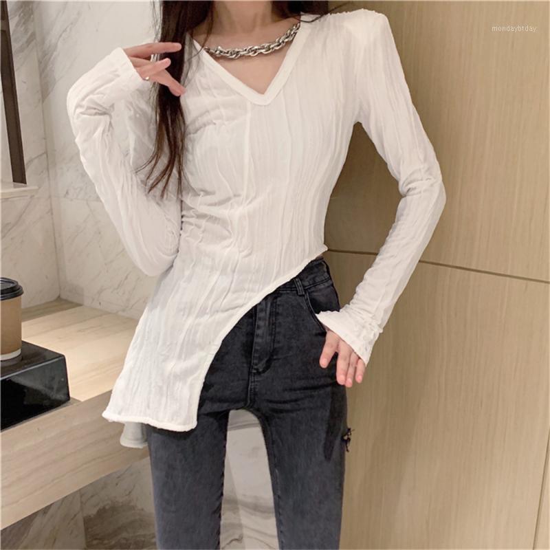 

Women's T-Shirt Alien Kitty V-Neck Folds Chain Women T-Shirts Bottom Autumn Full Sleeve 2022 OL Chic Sexy Slim Casual Fashion Tops, Black