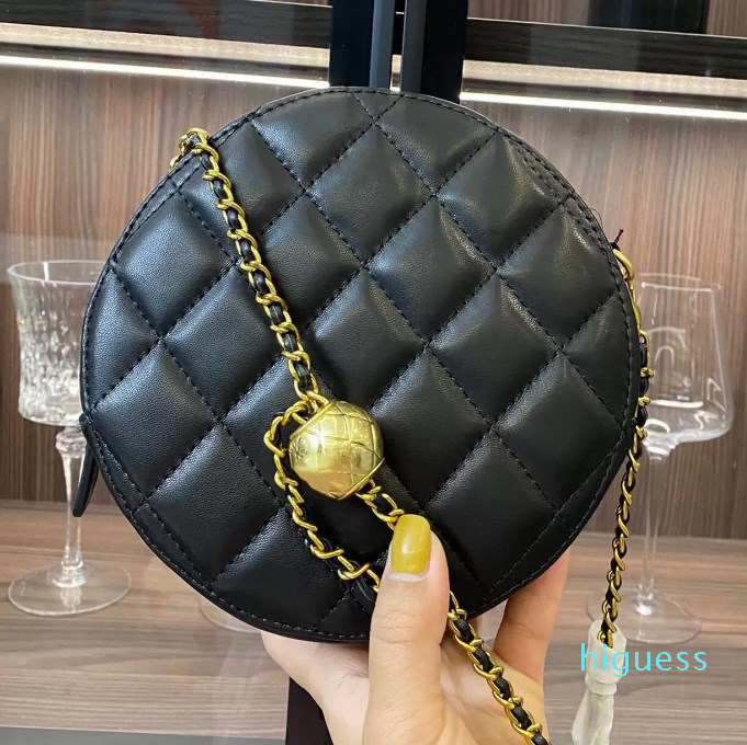 

22Ss French Gold Ball Round Bag Vintage Lambskin Classic Quilted Plaid Metal Hardware Zipper Chain Shoulder Crossbody Designer Luxury Ladies Clutch, Black