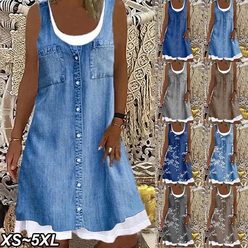 

Casual Dresses Women Elegant Vintage Floral Print Round Neck Splice Sleeveless Tank Mini Dress Ladies Plus Size A-Line DressCasual