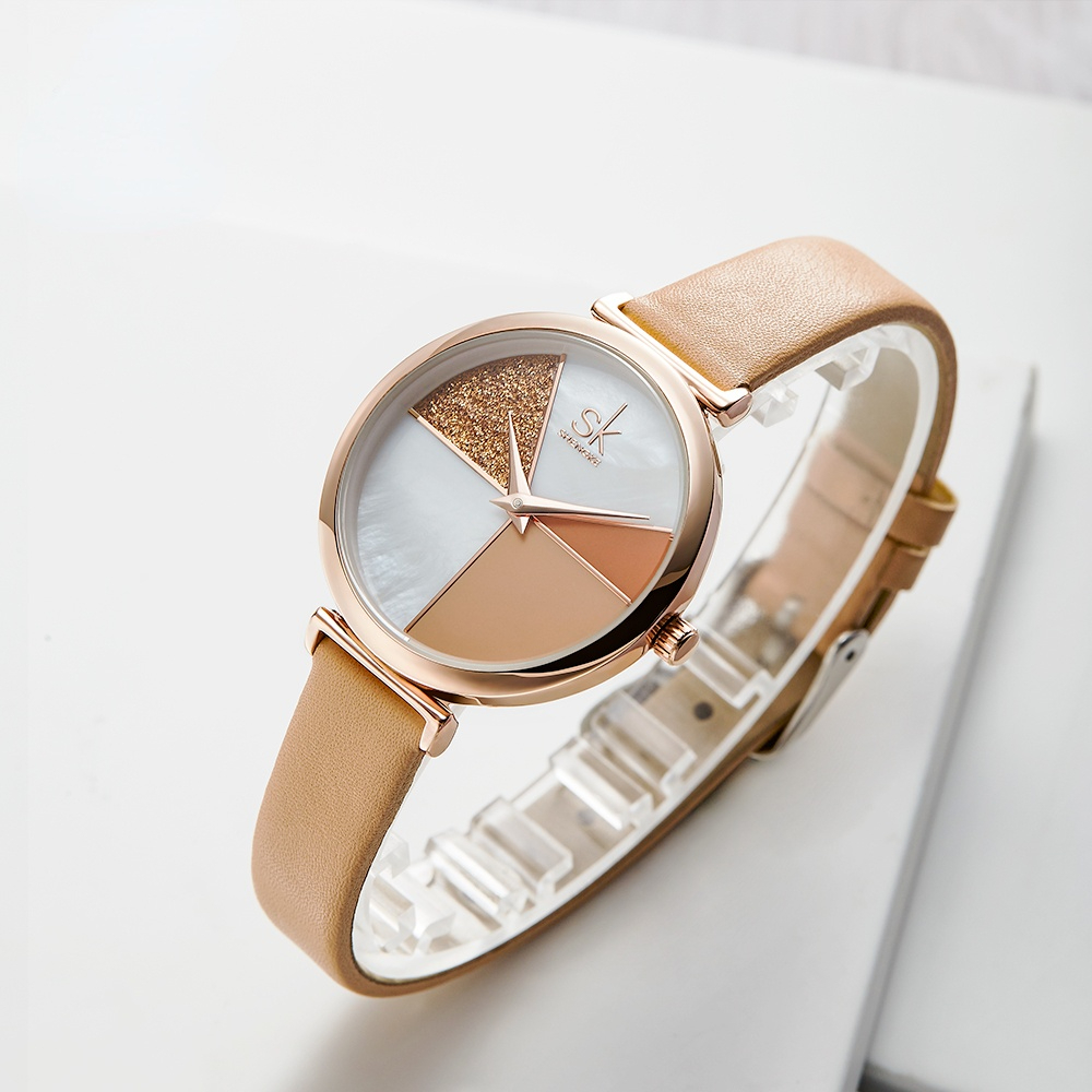 

Women Shell Dial leather Ladies Watch Japanese Quartz Movement Ultra Slim Buckle Strap Reloj Mujer Montre Femme, Apricot