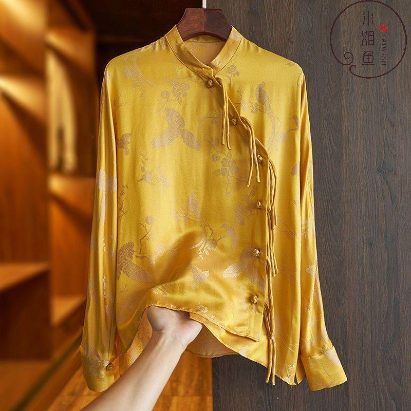 

Women's Blouses & Shirts Yellow Printed Imitation Silk Shirt Long Sleeve Women's 2022 Spring Vintage Chinese Style Disc Buckle Down Loos