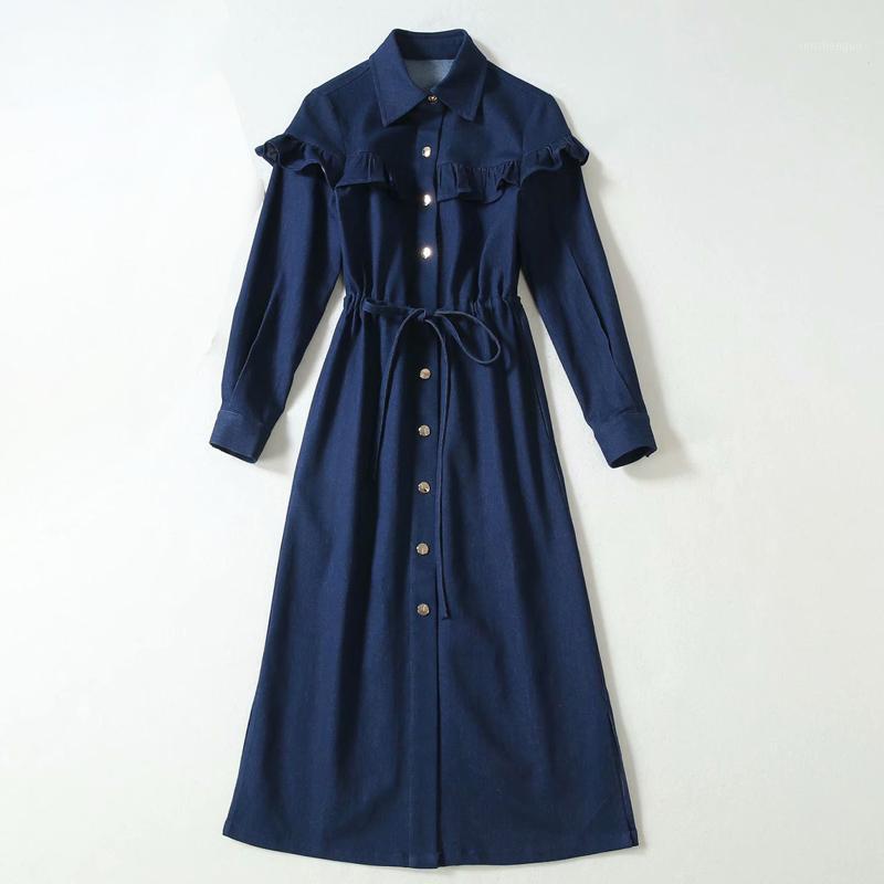 

Casual Dresses HIGH QUALITY 2022 Fashion Designer Runway Dress Women' Turn-down Collar Long Sleeve Drawstring Ruffles Denim Shirt, As pic