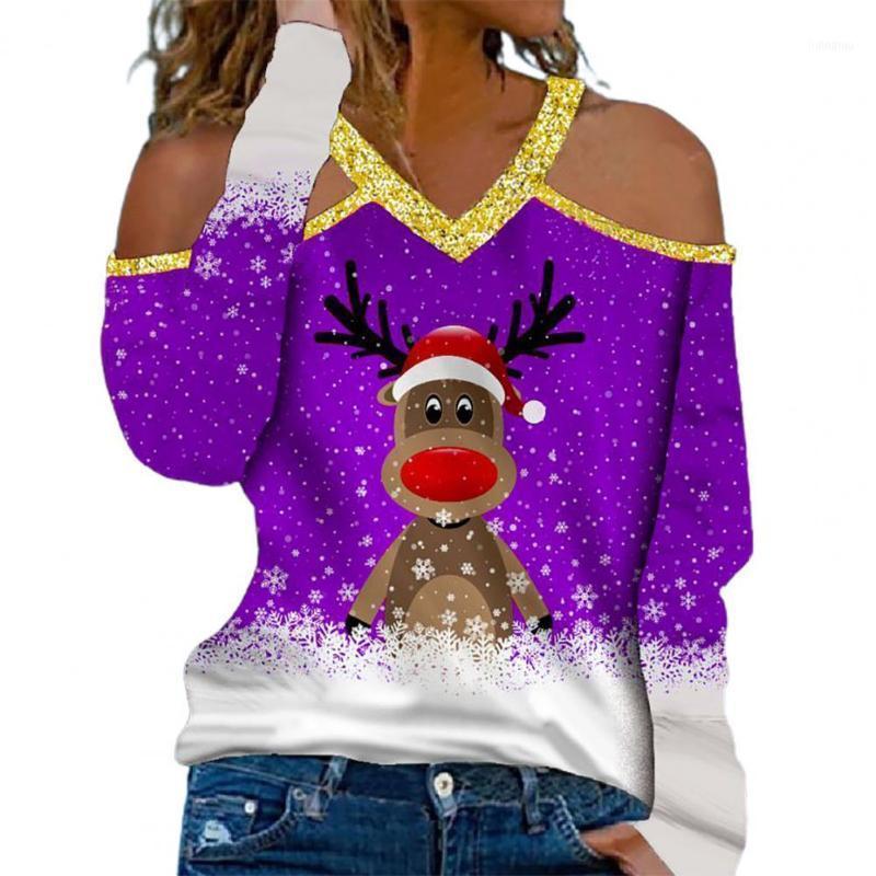 

Women's Blouses & Shirts Long Sleeve V-Neck Casual Women Blouse Autumn Elk Snowflake Print Xmas Top Streetwear Clothing 2022, Blue