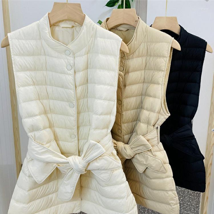 

Women' Vests 2022 Winter Women Light Down Long Vest With Simple Casual Belt Autumn Warm Waistcoat Gilet Stand Collar Korean Style AE752, Black
