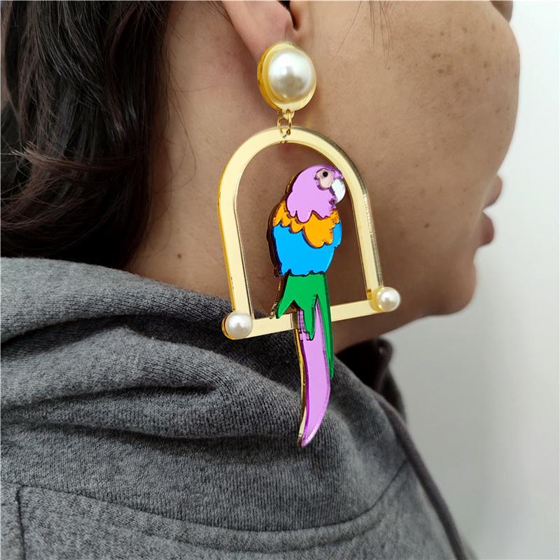 

Dangle & Chandelier Long Parrot Earrings For Women Red Purple Big Drop Mirror Acrylic Imitation Pearl Exaggerated Fashion Bird JewelryDangle
