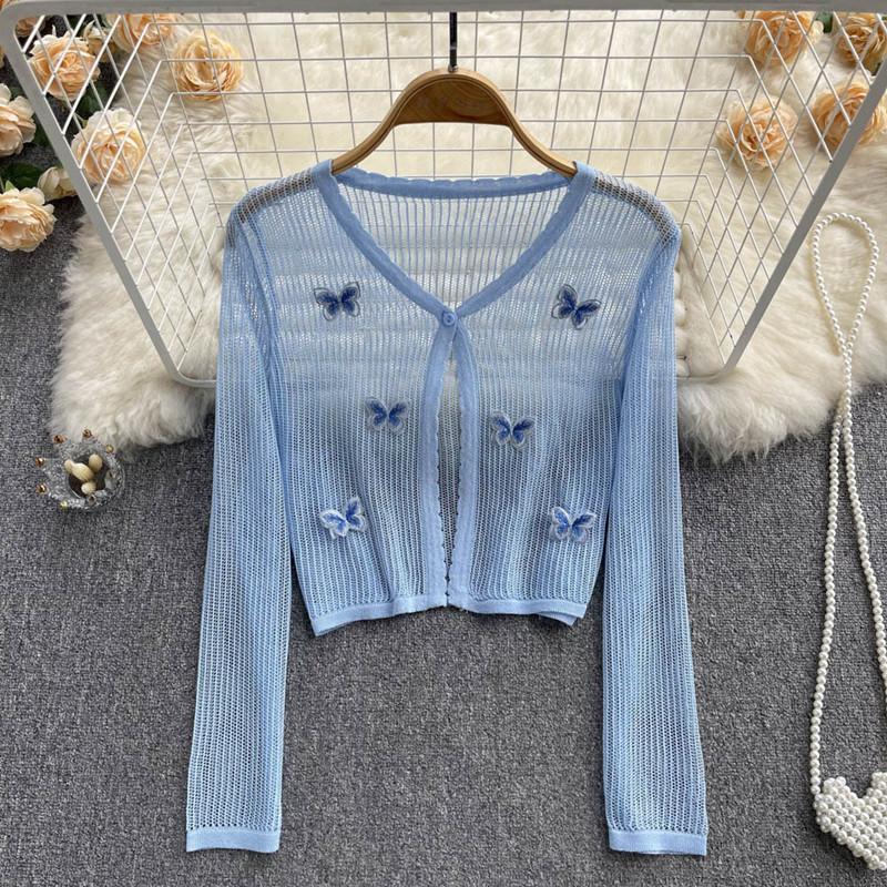 

Women's Knits & Tees Spring Summer Sweet V-neck Flower Embroidery Hollow Cardigan Long Sleeve Short Knit Shirt SweaterWomen's, Green