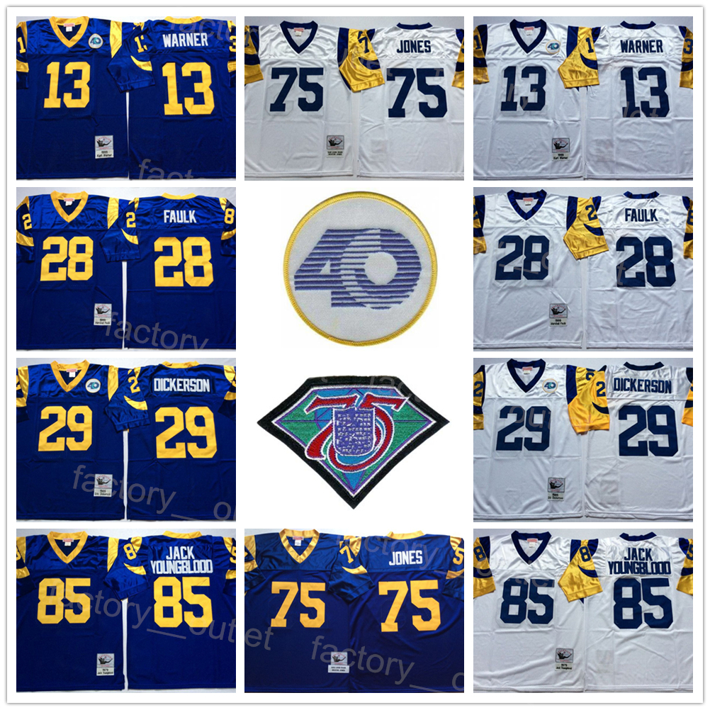 

Mitchell and Ness Throwback Football 13 Kurt Warner Jersey 75th 28 Marshall Faulk 85 Jack Youngblood 29 Eric Dickerson 75 Deacon Jones 1985 40th 1979 1999 ncaa, Purple
