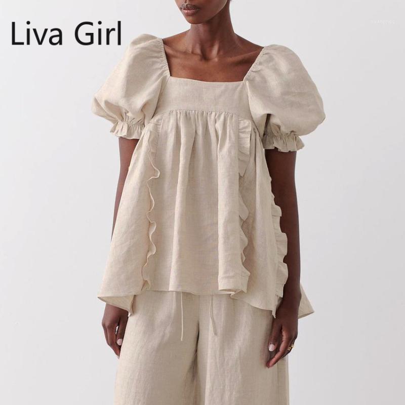 

Women' Blouses & Shirts Spring Summer Blouse Street Cotton Linen Shirt Fashion Sexy Backless Tie Square Neck Puff Short-sleeve Women Loose, Khaki