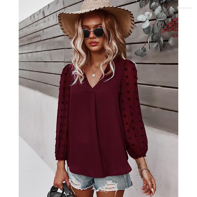 

Women's Blouses & Shirts Spring/Autumn Lady Fashion Retro Solid Color Sexy V-neck Three-dimensional Fur Ball Printing Long-sleeved Shirt Cas, Sky blue
