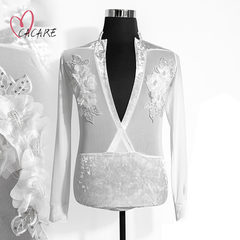 

CACARE Velvet Leotard Mens Shirts Stage Wear for Latin Ballroom Dance Competition Top Practice Costumes D1247 Mesh Sleeve S-2XL Dropship, White
