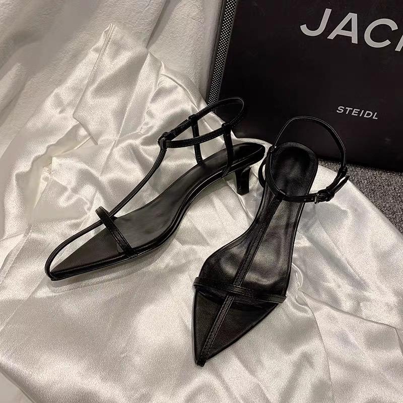 

Sandals Women Fashion Thin Low Heels Pointed Open Toe Ankle Strap Dress Shoes Solid Color Summer Ladies SandalsSandals, Black