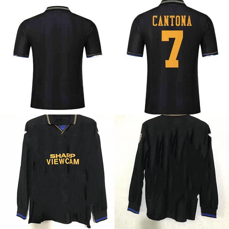 

93 94 95 Retro Soccer Jerseys Men Black Away Jersey CANTONA GIGGS KEANE Vintage Football Shirts Valvet Flocking Fonts, 93/95 black with 92/93 champion patch
