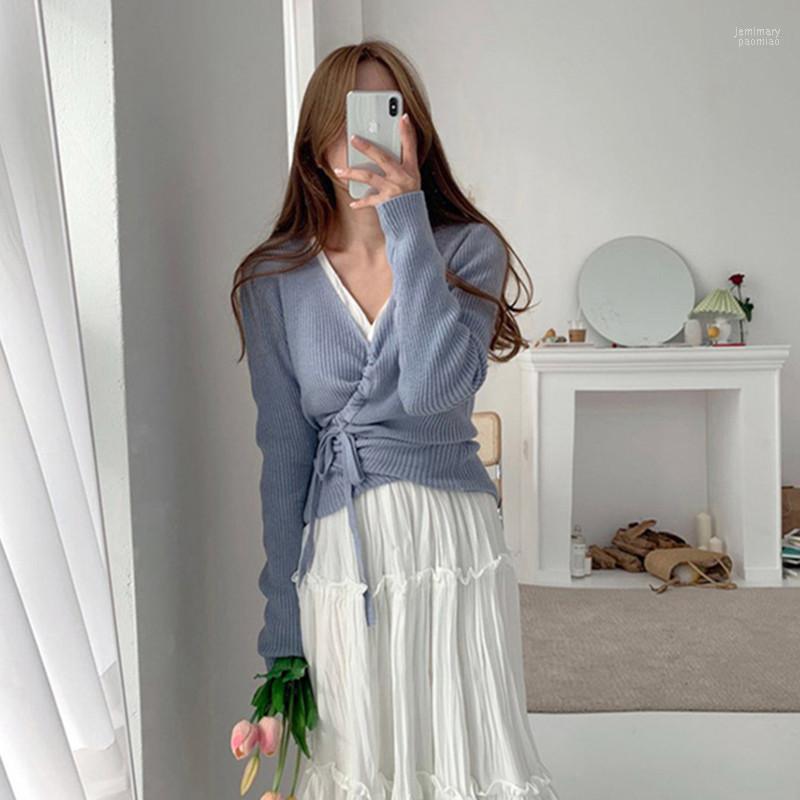 

Women's Sweaters 2022 Autumn Winter Women Short Female Pullover Solid Drawstring Knitted Elegant Office Lady Casual All Match Tops Jemi22, Gray