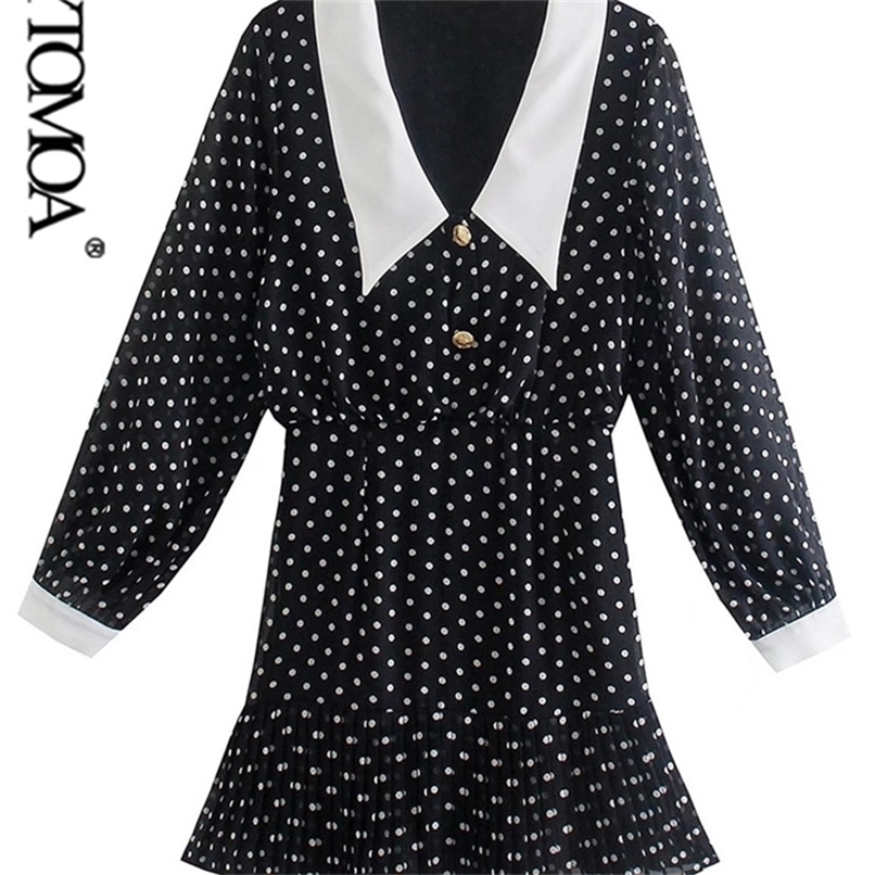 

KPYTOMOA Women Fashion Polka Dot Print Pleated Semi-sheer Mini Dress Vintage Long Sleeve Side Zipper Female Dresses Mujer 220406, As picture