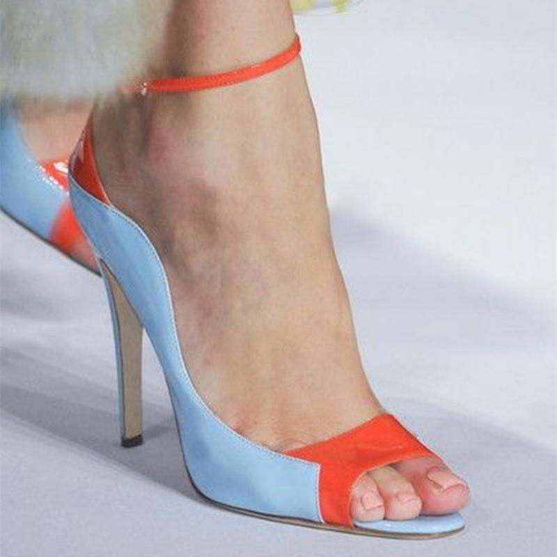 

Dress Shoes Summer Colorful Peep Toe Patchwork Stiletto Heel Patent Leather Party Evening Buckle Women Pumps Luxury Heels 12cmDress, Blue