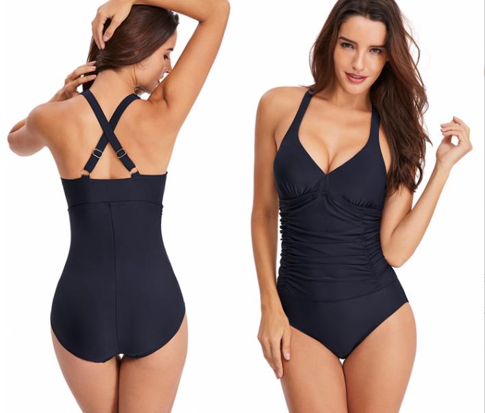 

One Piece Swimsuit Women Tummy Control Swimwear Plus Size Bathing Suit Ruched Monokini Vintage Solid Summer Beachwear, Black
