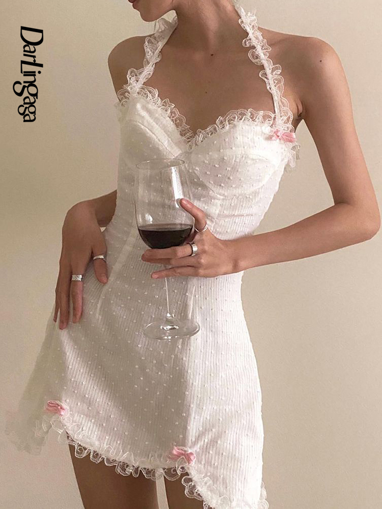 

Darlingaga Fashion Chic Halter Neck Backless Bow White Dress Female Lolita Sweet Ruffles Lace Patchwork Summer Dress Korean Sexy
