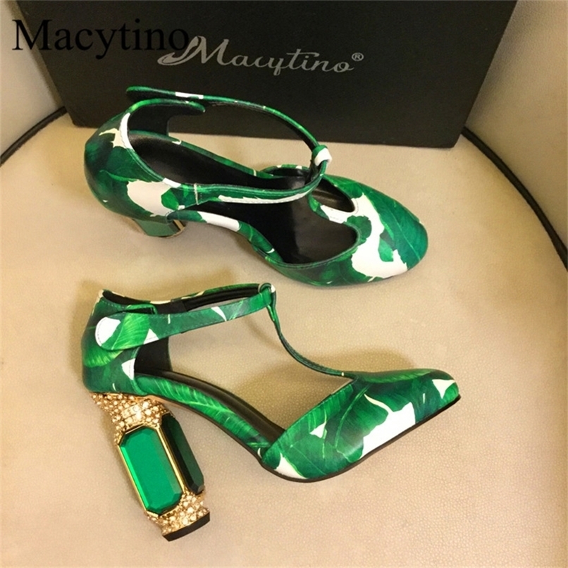 

T strap decorative ladies high heels round toe 10CM glass heel high heels fashion party high heel sandals 220406, Green