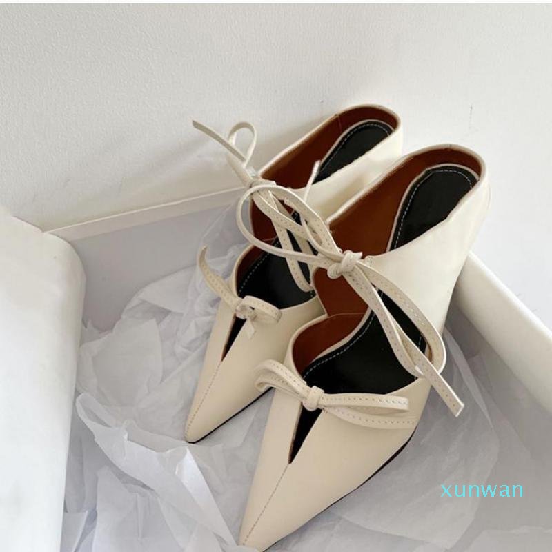 

2022-Slippers Muller Summer Pointed Toe Single Shoes Fashion Bow Low Heel Sandals Hollow Out Elegant Slides Pumps, Black