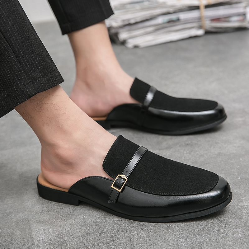 Half-slipper Men Shoes PU Color Matching Korean Version Casual Fashion Belt Buckle Decoration Summer Lazy No Heel One Pedal Peas Shoes DP392