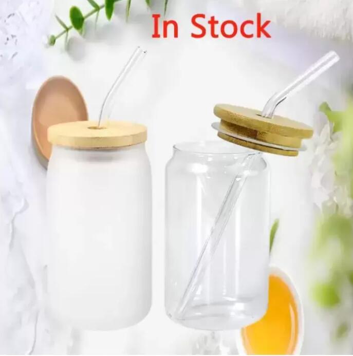 

12oz Sublimation Clear Glass Can Blank DIY Wine Tumbler Frosted Coke Jar With Bamboo Lid Outdoor Picnic Coffee Milk Cup fy5117 F0224, Forested with lids&straw