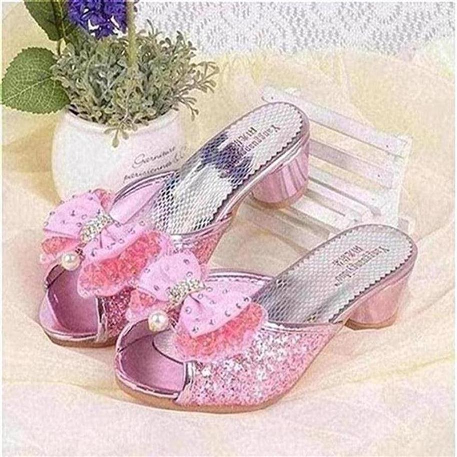 

Girls Summer Sandals Slipper Sequined Princesse Children High Heel Party Dress Shoes Leather For Kids Slides244R3069, Silver