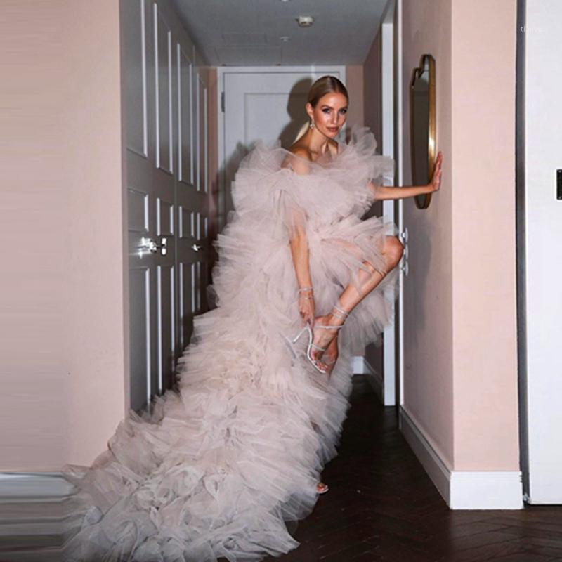 

Casual Dresses Very Puffy Tulle Women Prom Gowns Fashion High Low Ruffles Tiered Mesh Formal Party With Train Strapless Fluffy Dress, Fuchsia