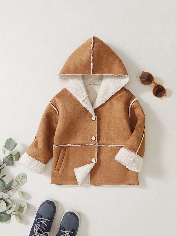 

Toddler Boys Seam Detail Teddy Lined Hooded Suede Coat SHE, Brown.