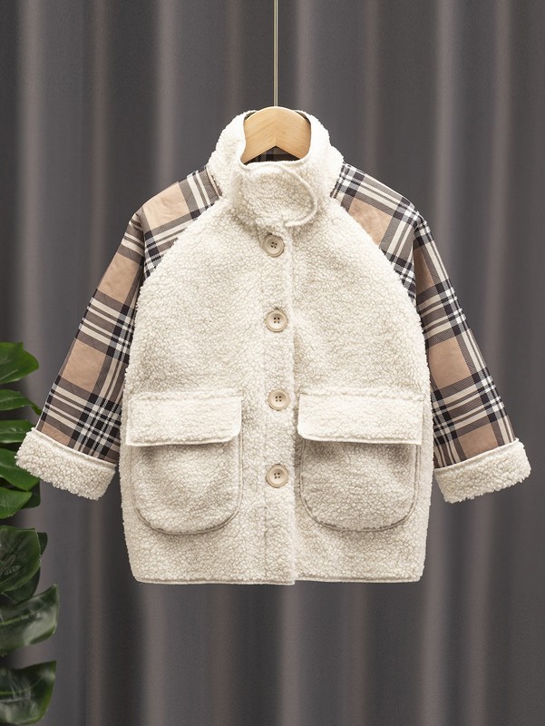 

Toddler Boys Plaid Flap Pocket Raglan Sleeve Fleece Coat SHE, Beige