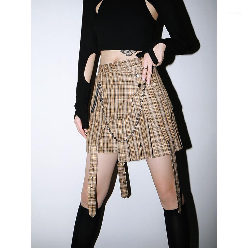 

Skirts WOMENGAGA 2022 Skitr Plaid Chain Layered Personality Button Patchwork Fahsion Tassel Streetwear Girl Female Mini A679, Orange