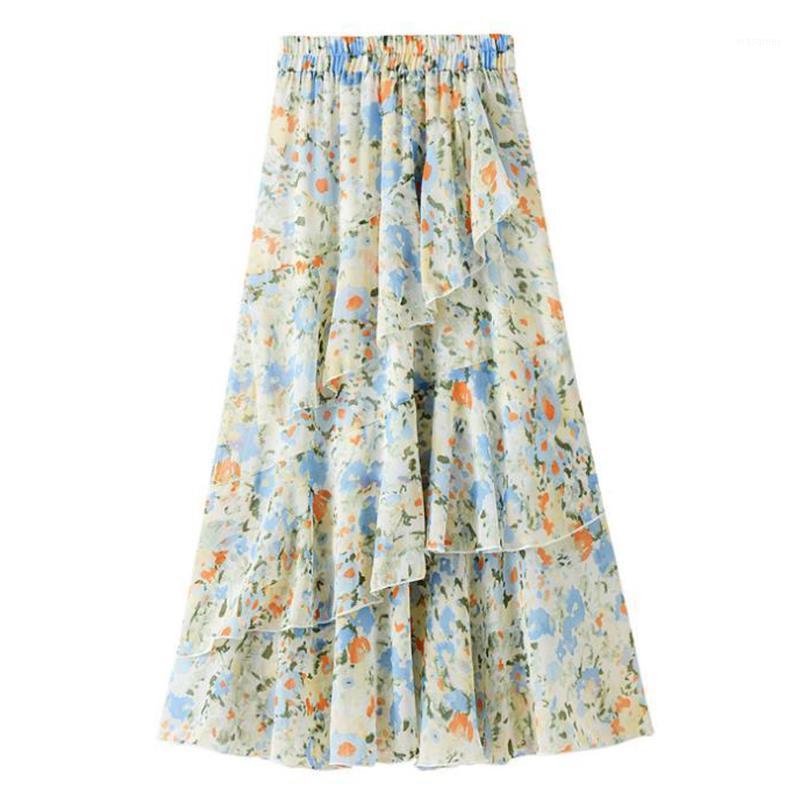 

Boho Pleated Skirts Womens 2022 Summer Korean Style Long Skirt Kawaii Pink Chiffon Ruffles Casual Vintage Floral