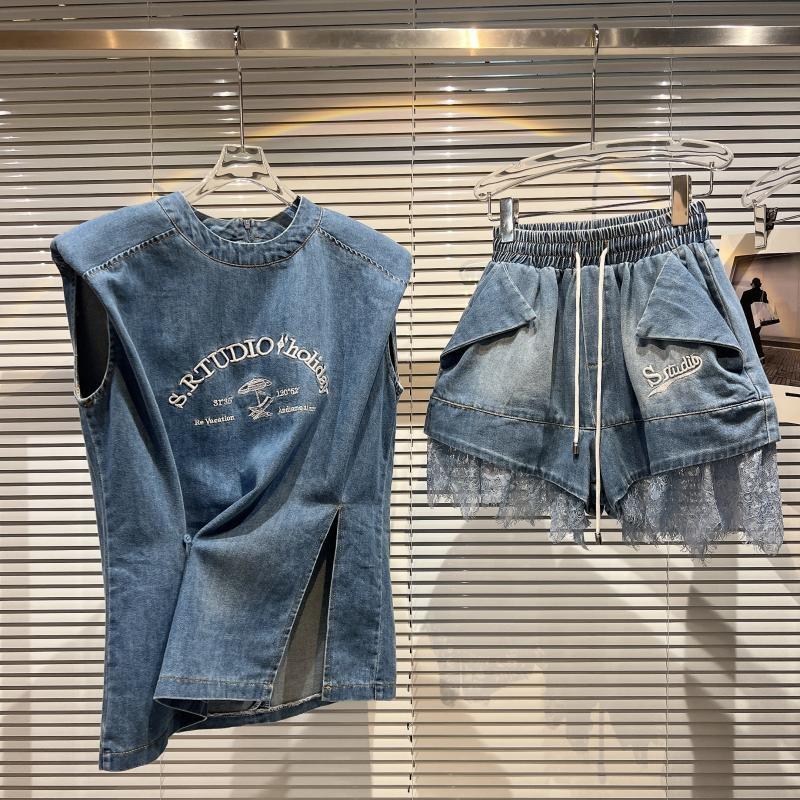 

Women' Tracksuits 2022 Sleeveless Embroidery Padded Shoulder Blue Denim Vest Drawstring Lace Shorts Jeans Two Piece Set Outfits GF287Women