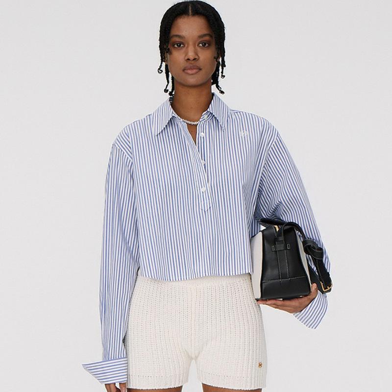 

Women' Blouses & Shirts Striped Short Shirt Women 2022 Summer Commuter Loose High Waist Lapel Single-breasted T-shirt ShirtWomen, Stripe