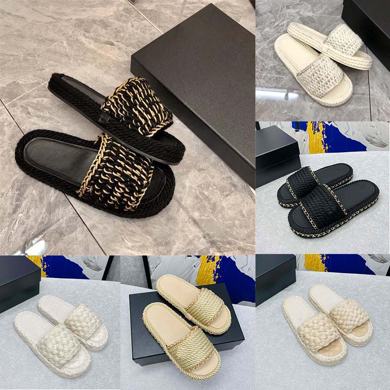 

Newest Designer Slippers Women Honey Sandals Luxury Chain Knit Straw Platform Slippers Breathable Open Toe Slides Ladies Non-Slip Beach Flip Flops Size35-41, Color8
