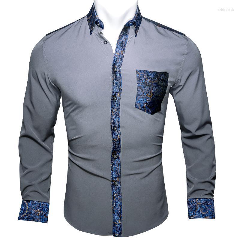 

Men' Dress Shirts Barry.Wang Gray Solid Blue Paisley Splicing Shirt Man Long Sleeve Casual Soft For Men Designer Fit BCY-0312Men' Eldd22, Cy-0303