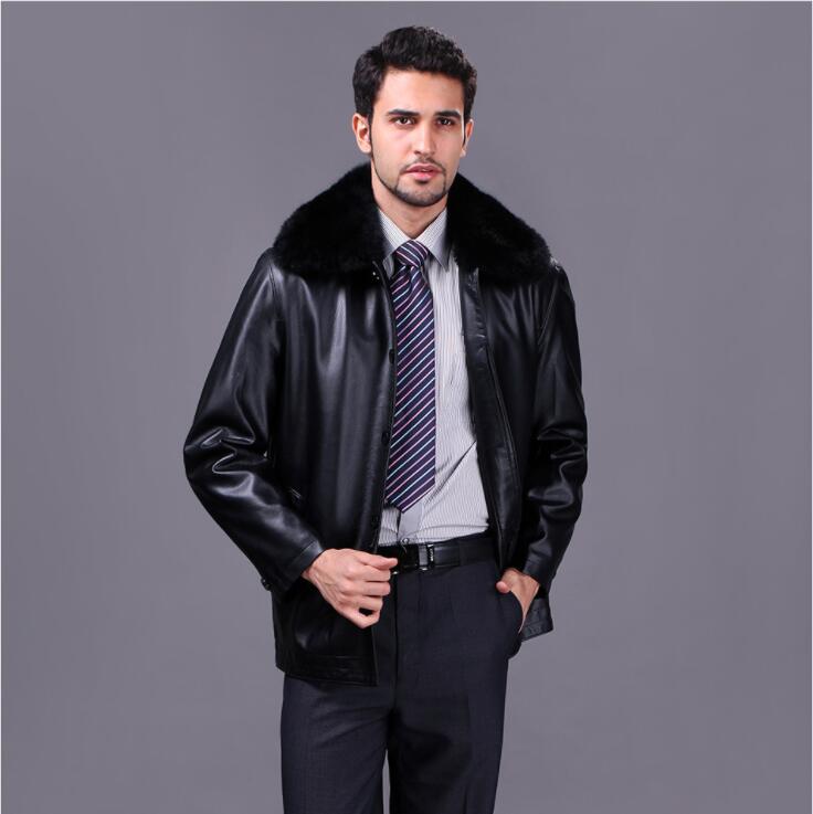 

Men Clothing Autumn winter Simulated leather Coat with velvet liner middle-aged men's clothes Large Size leather jacket, Black