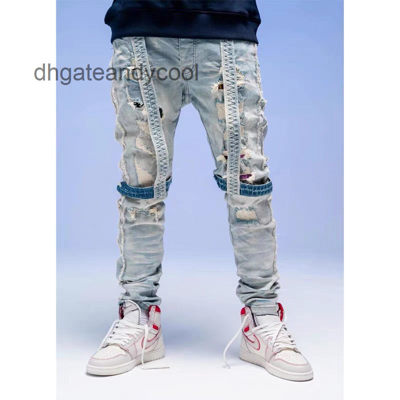 

Jens Amirss designer Jean Mens Fashion Pants high street fashion brand washing water Vintage Blue worn hole patknee strap Slim Fit Jeans Men TB7K