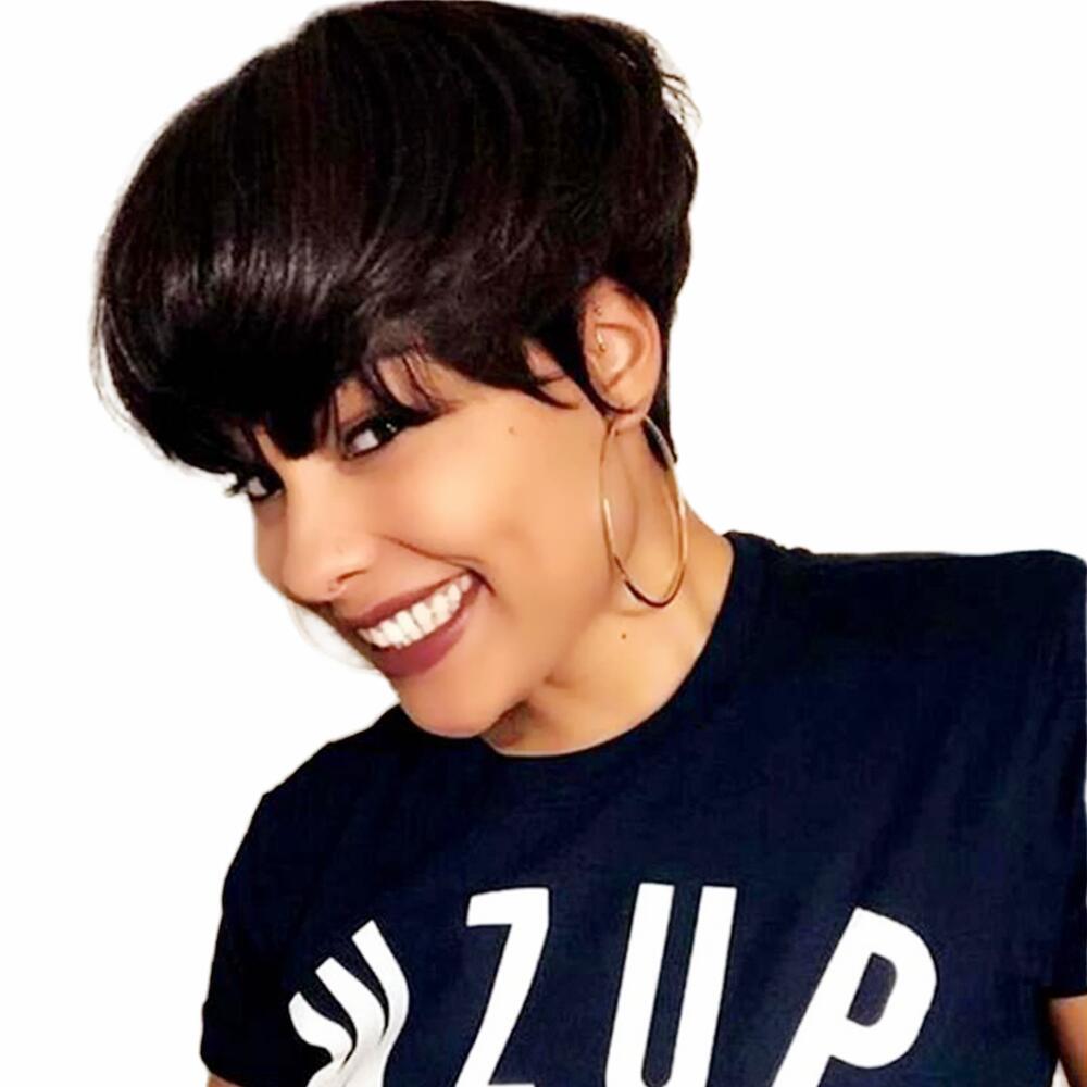 

Pixie Cut Short Human Hair Wig Straight Hair Full Machine Made Wigs Glueless Black Color Peruvian Remy for Women, #1b