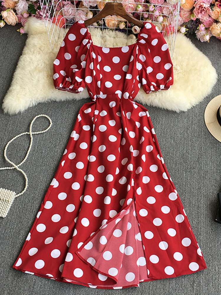 

HangCode Summer Women Dress French Vintage Print Polka Dot Split Long Dress Elegant Puff Sleeve Female Party Dress Vestidos 220615, White