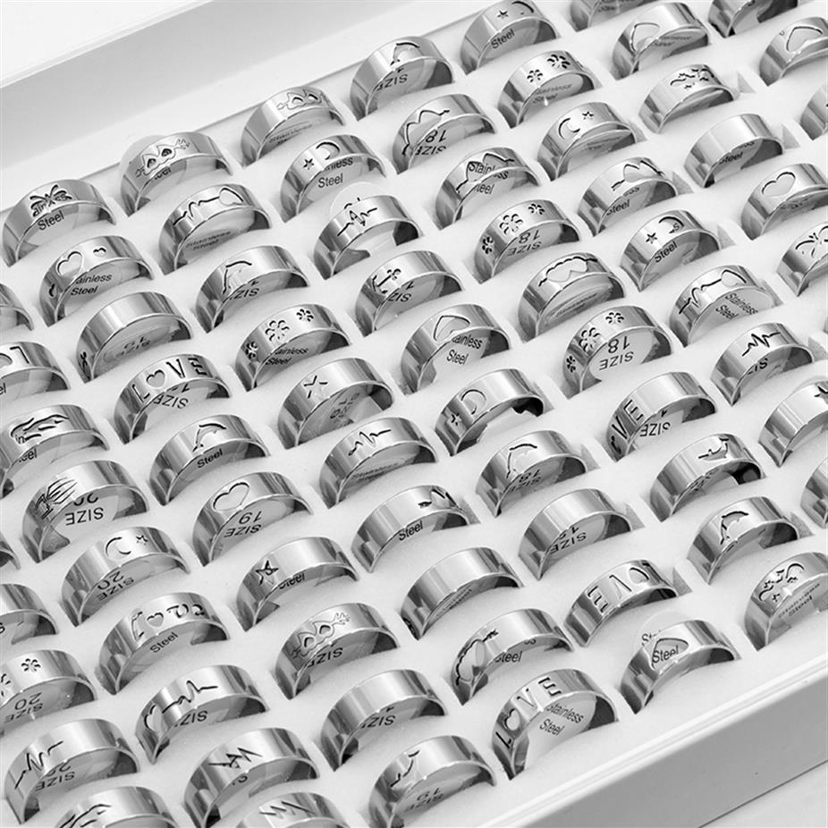 

100 pcs Fashion hollow silver color Stainless steel Band rings for men womens mix animal love jesus etc style size 17mm to 21mm3566