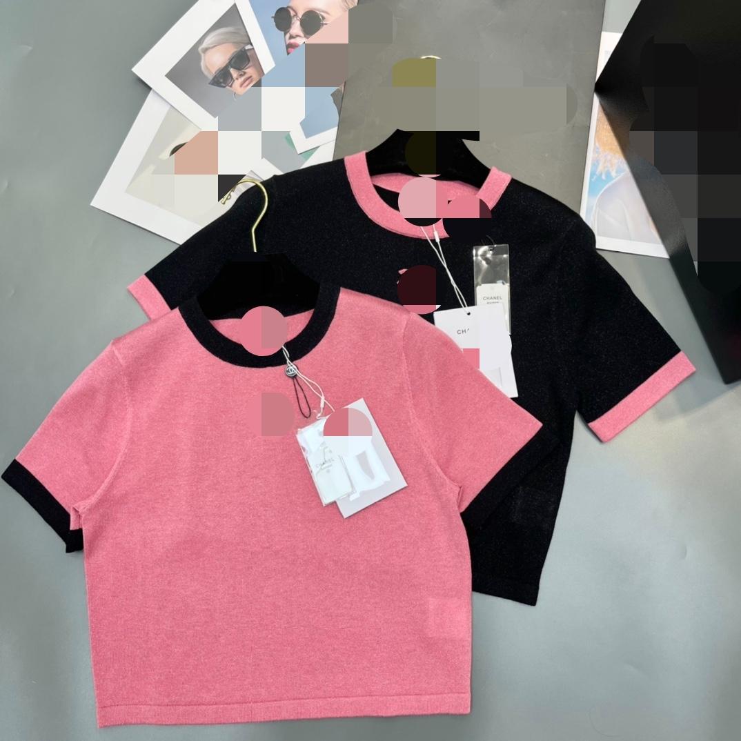 

526 2022 Milan Runway Spring Summer Brand Same Style Sweater Short Sleeve Crew Neck Blue Pink Kint Pullover High Quality Womens mingmei