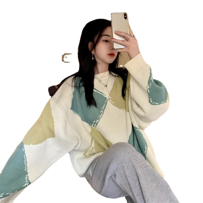 

Women's Sweaters Lingge Retro Contrast Color Knitted Sweater Women's Pullover Lazy Wind Top 2022 Autumn Korean Version Loose OuteWomen's, Black