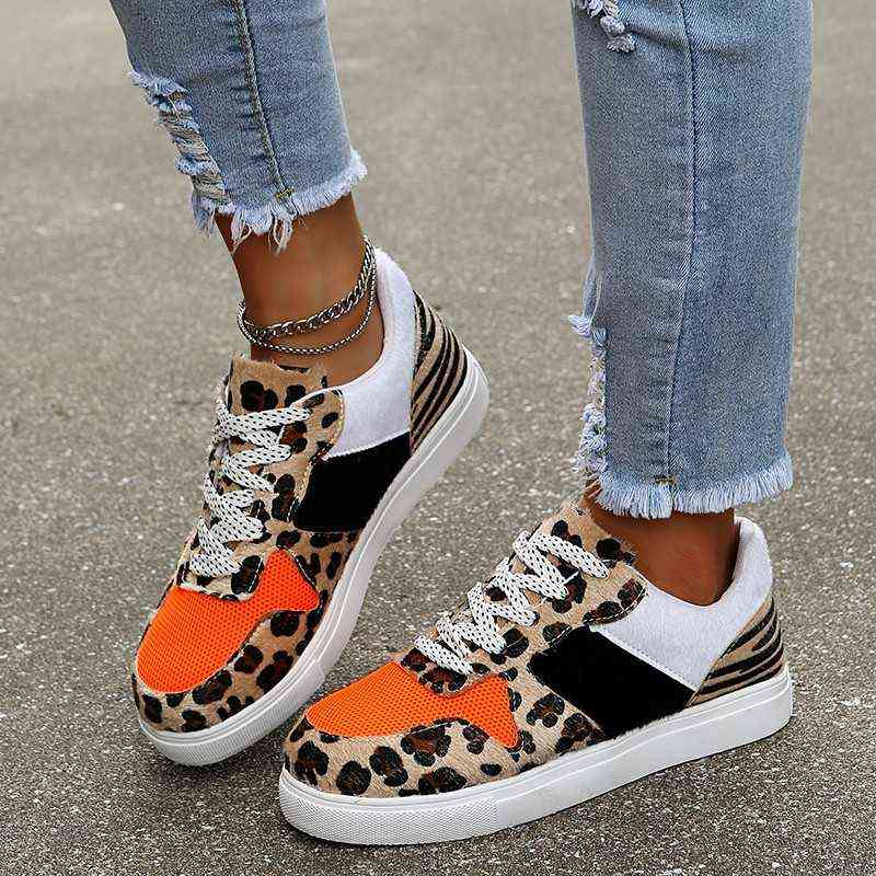 

Dress Shoes Sneaker Board Shoes 2022 Autumn And Winter Women Fashion Leopard Lace Up Canvas Flat Soled Shoes 220721, Orange