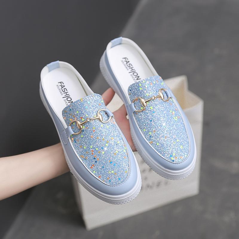 

Slippers 2022 Women Sandals Summer Shoes Flat Half Sequins Bling Sneakers Flip Flops Woman Flats Plus Size 35-40, Black