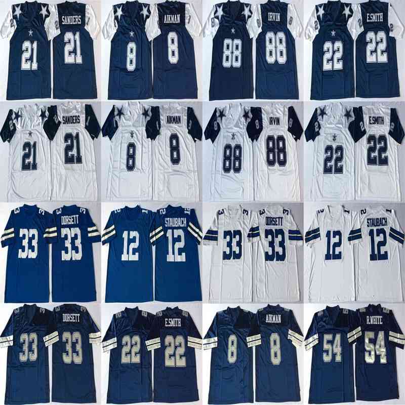 

Rare 54 Randy White 88 Michael Irvin 8 Troy Aikman 12 Roger Staubach 21 Deion Sanders White Blue Retro Football Jerseys Stitched Mens, Blue #88(1)