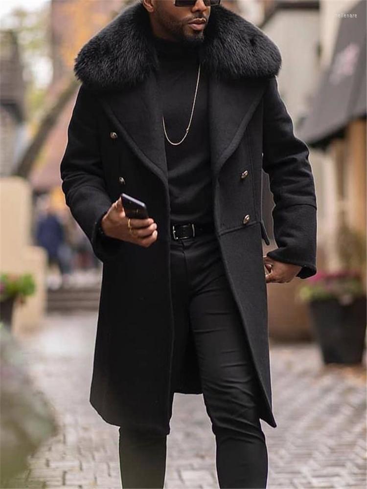 

Men's Wool & Blends Cool Man Autumn Winter Long Coat Faux Fur Collar Casual Business Streetwear Blend Trench Coats Men Outwear JacketMen's N, Black