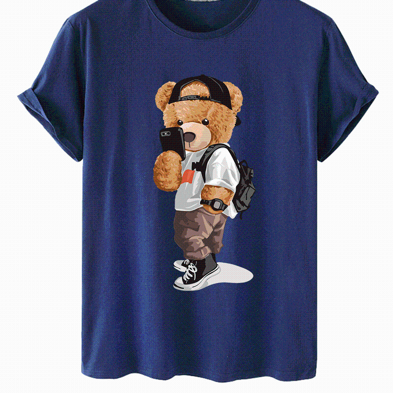

Men's T-Shirts High-quality Street Selfie Bear Print Cotton Short-sleeved O-neck Loose Casual Top T-shirt Female Oversized Couple, Black